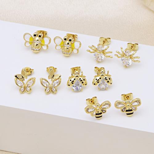 Cubic Zircon Brass Earring, Insect, gold color plated & for woman & enamel & with cubic zirconia 