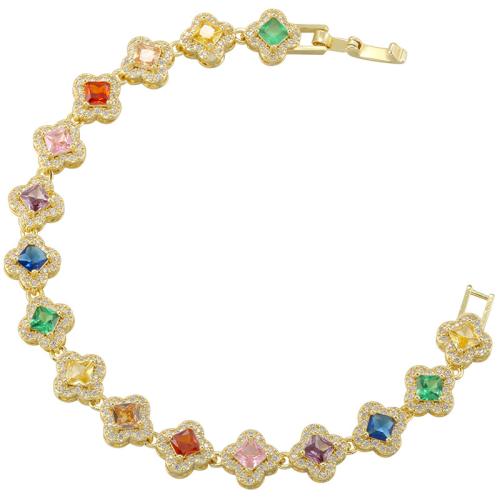 metal Pulsera, Trébol de cuatro hojas, chapado, micro arcilla de zirconia cúbica & para mujer, más colores para la opción, longitud:aproximado 185 mm, Vendido por UD