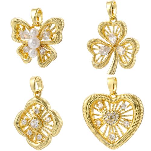 Cubic Zirconia Micro Pave Brass Pendant, with Plastic Pearl, gold color plated, DIY & micro pave cubic zirconia & hollow 