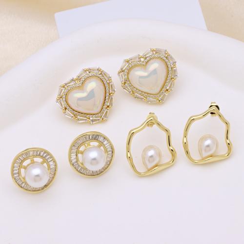 Cubic Zirconia Micro Pave Brass Earring, with Plastic Pearl, Heart, gold color plated & micro pave cubic zirconia & for woman 