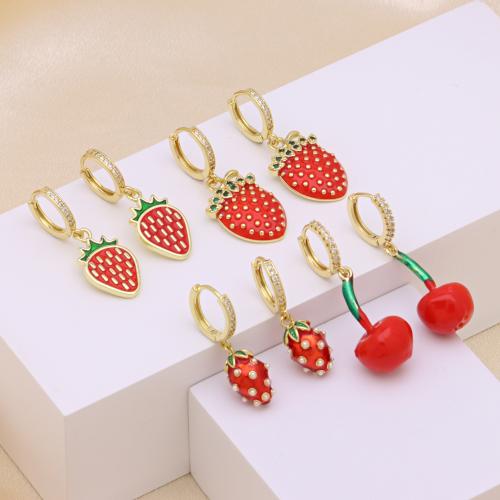 Cubic Zirconia Micro Pave Brass Earring, Fruit, gold color plated & micro pave cubic zirconia & for woman & enamel 