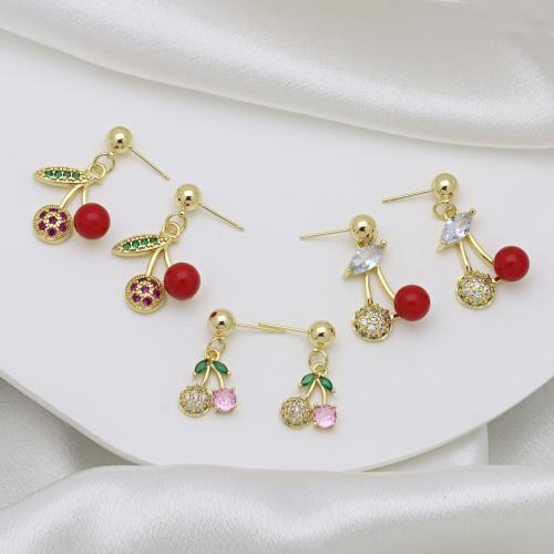 Cubic Zirconia Micro Pave Brass Earring, Cherry, gold color plated & micro pave cubic zirconia & for woman & enamel 