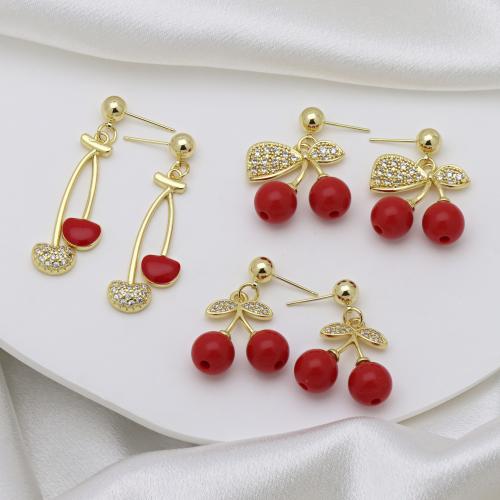 Cubic Zirconia Micro Pave Brass Earring, Cherry, gold color plated & micro pave cubic zirconia & for woman & enamel 