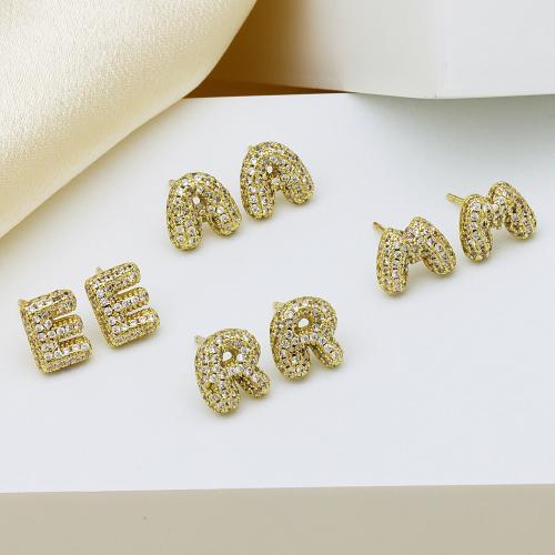 Cubic Zirconia Micro Pave Brass Earring, Alphabet Letter, gold color plated, letters are from A to Z & micro pave cubic zirconia & for woman 
