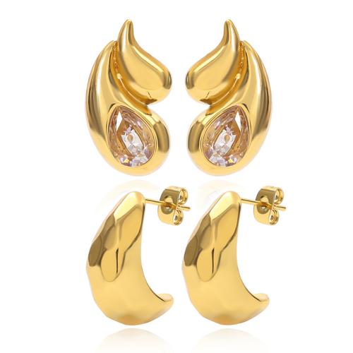 Acier inoxydable 304 boucle d oreille dormeuse, larme, Placage de couleur d'or, styles différents pour le choix & pavé de micro zircon & pour femme, Vendu par paire
