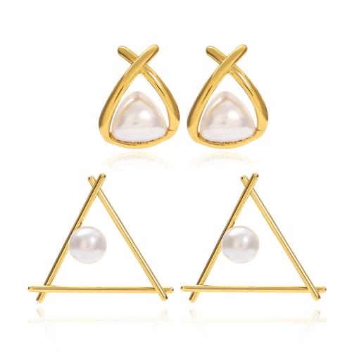 Acier inoxydable 304 boucle d oreille dormeuse, avec perle de plastique, triangle, Placage de couleur d'or, styles différents pour le choix & pour femme & creux, Vendu par paire