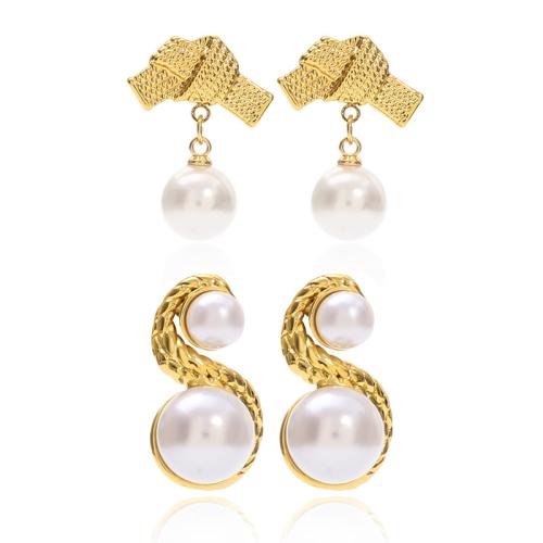 304 Stainless Steel Drop Earring, with Plastic Pearl, gold color plated & for woman 