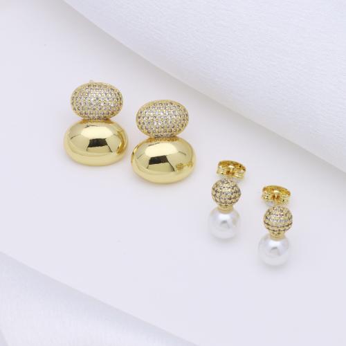 Cubic Zirconia Micro Pave Brass Earring, with Plastic Pearl, gold color plated & micro pave cubic zirconia & for woman 