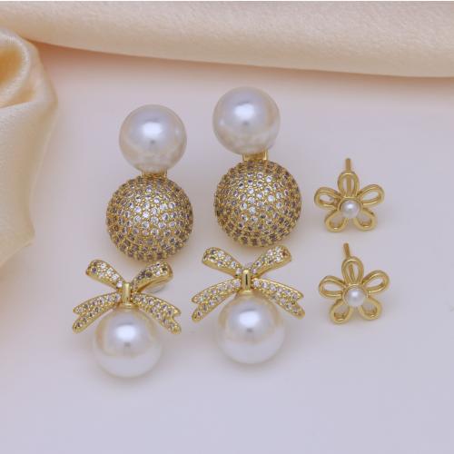 Cubic Zirconia Micro Pave Brass Earring, with Plastic Pearl, gold color plated & for woman & with rhinestone 