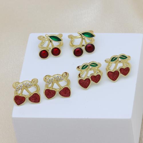 Cubic Zirconia Micro Pave Brass Earring, Cherry, gold color plated & micro pave cubic zirconia & for woman & enamel 