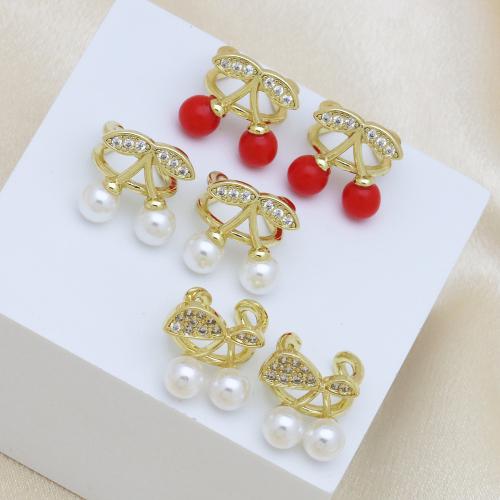 Cubic Zirconia Micro Pave Brass Earring, with Plastic Pearl, Cherry, gold color plated & micro pave cubic zirconia & for woman 