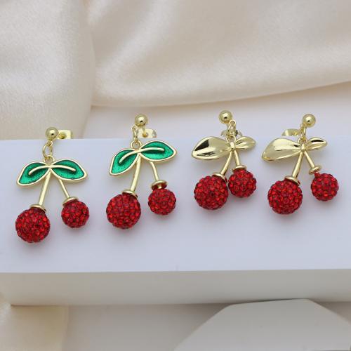 Cubic Zirconia Micro Pave Brass Earring, Cherry, gold color plated & micro pave cubic zirconia & for woman & enamel 