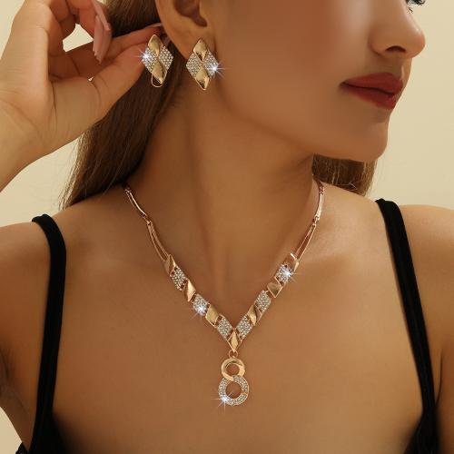 alliage de zinc parure de bijoux, Boucle d’oreille stud & collier, Placage, 2 pièces & pour femme & avec strass, Vendu par fixé