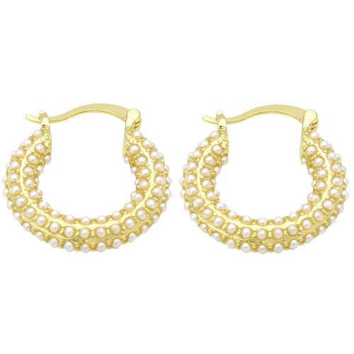 metal Anilla Aro Pendiente, con Perlas plásticas, chapado en color dorado, para mujer, 23mm, Vendido por Par