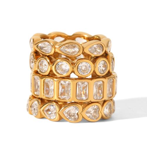 Acier inoxydable 304 bague, Placage de couleur d'or, styles différents pour le choix & pavé de micro zircon & pour femme Vendu par PC[