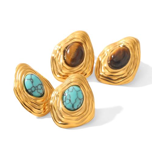 Acier inoxydable 304 boucle d oreille dormeuse, avec turquoise & oeil de tigre, Placage de couleur d'or, Vintage & pour femme, plus de couleurs à choisir Vendu par paire