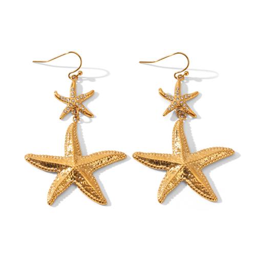 304 Stainless Steel Drop Earring, Starfish, gold color plated, for woman & with rhinestone 