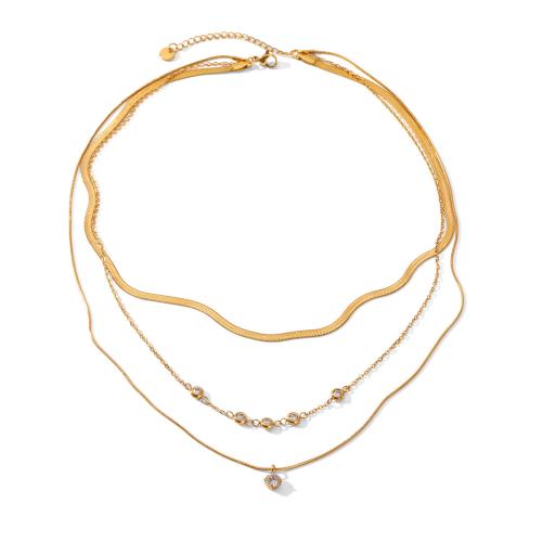 Acier inoxydable 304 collier, Placage de couleur d'or, multicouche & pavé de micro zircon & pour femme, Vendu par PC