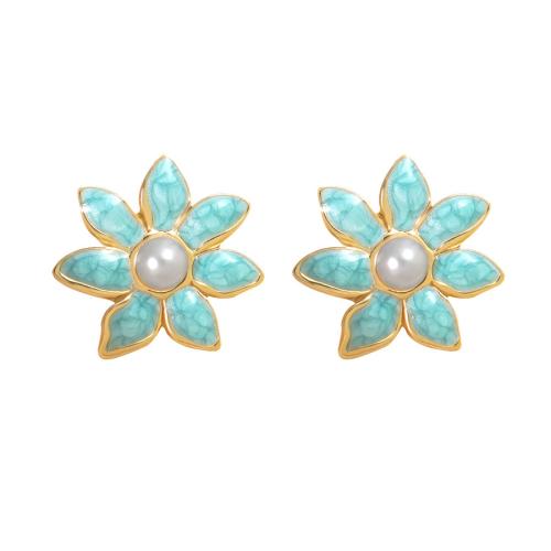 Acier inoxydable 304 boucle d oreille dormeuse, avec perle de plastique, fleur, Placage de couleur d'or, pour femme & émail, plus de couleurs à choisir, 25mm, Vendu par paire