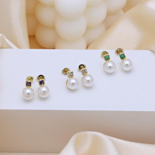 Boucles d'oreilles en laiton zircon cubique pavent, avec perle de plastique, Placage de couleur d'or, pour femme & avec zircone cubique, plus de couleurs à choisir Vendu par paire[