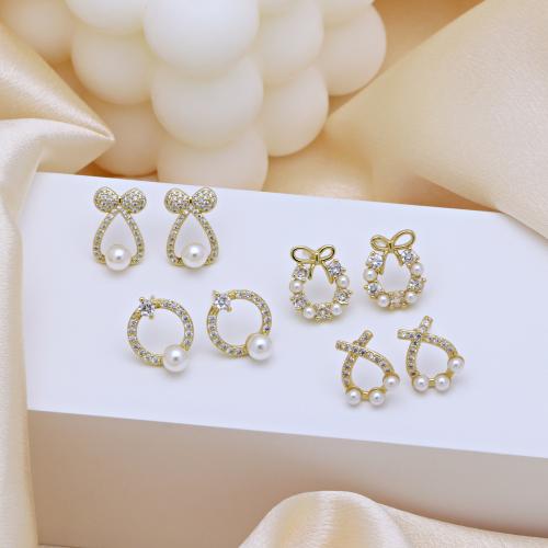 Cubic Zirconia Micro Pave Brass Earring, with Plastic Pearl, plated & micro pave cubic zirconia & for woman 
