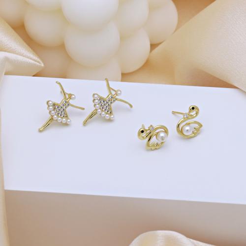 Cubic Zirconia Micro Pave Brass Earring, with Plastic Pearl, plated & micro pave cubic zirconia & for woman 