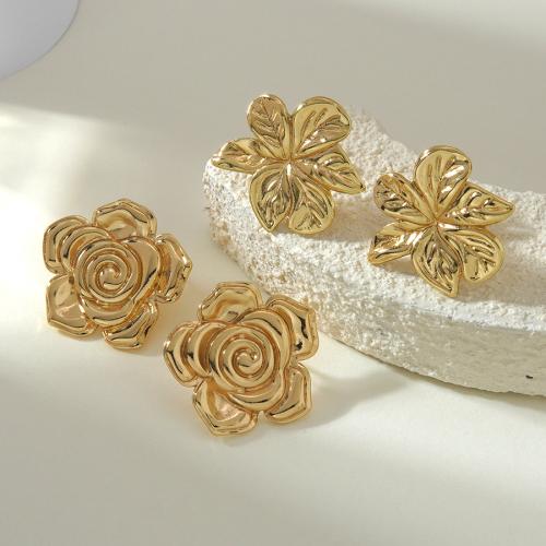 Acier inoxydable 304 boucle d oreille dormeuse, fleur, Placage de couleur d'or, styles différents pour le choix & pour femme, Vendu par paire