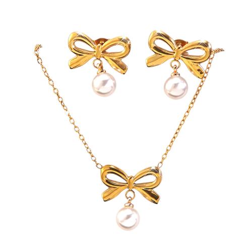 304 Stainless Steel Jewelry Set, with Plastic Pearl, Bowknot, gold color plated 