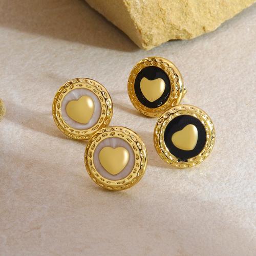 Acier inoxydable 304 boucle d oreille dormeuse, Rond, Placage de couleur d'or, avec le motif de coeur & pour femme & émail, plus de couleurs à choisir Vendu par paire