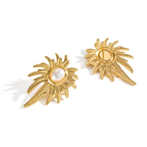 Acier inoxydable 304 boucle d oreille dormeuse, avec perle de plastique, feuille, Placage de couleur d'or, bijoux de mode & pour femme Vendu par paire