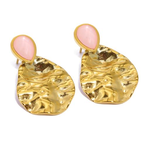 Boucle d'oreille en demi-gemme , Acier inoxydable 304, avec aventurine rose, larme, Placage de couleur d'or, bijoux de mode & pour femme Vendu par paire