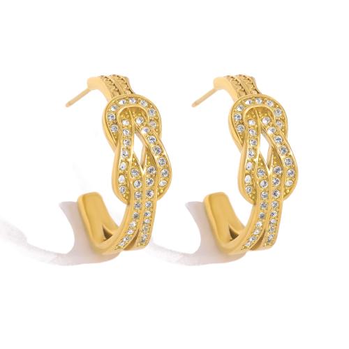 clou d'oreille en acier inoxydable avec stras, Acier inoxydable 304, Placage de couleur d'or, styles différents pour le choix & pour femme & avec strass, Vendu par paire