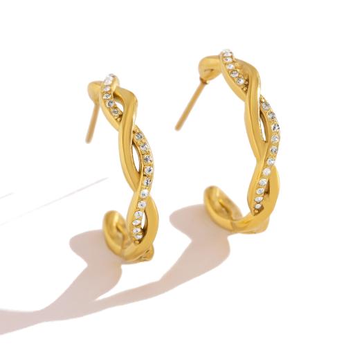 clou d'oreille en acier inoxydable avec stras, Acier inoxydable 304, Placage de couleur d'or, pour femme & avec strass, 22mm, Vendu par paire
