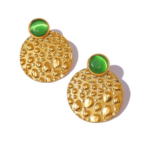 Cats Eye boucle d'oreille, Acier inoxydable 304, avec Oeil de chat, Plat rond, Placage de couleur d'or, bijoux de mode & pour femme Vendu par paire