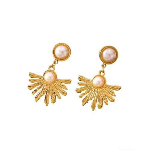 304 Stainless Steel Drop Earring, with Plastic Pearl, Flower, gold color plated, fashion jewelry & for woman 