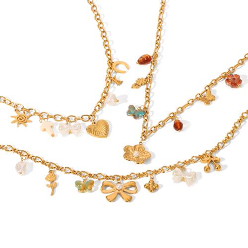 Acier inoxydable 304 collier, avec perle de plastique, Placage de couleur d'or, styles différents pour le choix & pour femme & émail & avec strass, Vendu par PC