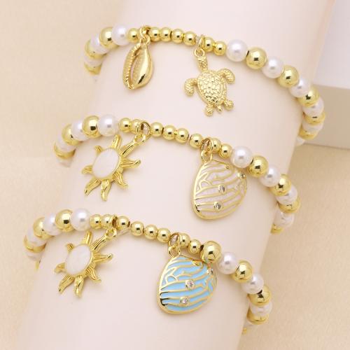 Bracelets Brass Enamel, laiton, avec perle de plastique, Placage de couleur d'or, élastique & styles différents pour le choix & émail & avec zircone cubique, plus de couleurs à choisir Environ 18 cm, Vendu par brin