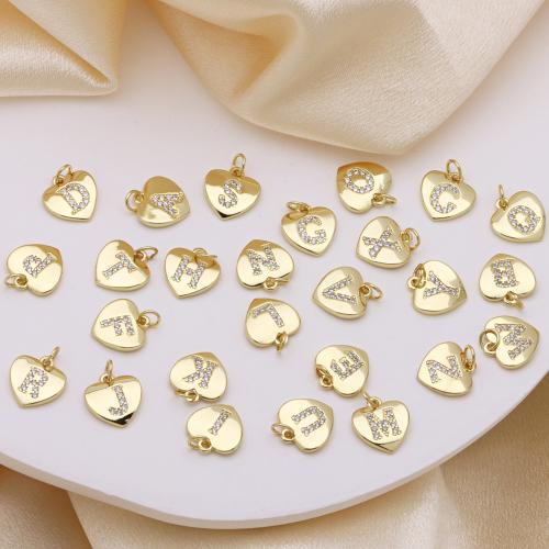 Pendentifs de Lettre laiton , coeur, Placage de couleur d'or, lettres sont de A à Z & DIY & styles différents pour le choix & pavé de micro zircon, plus de couleurs à choisir Vendu par PC
