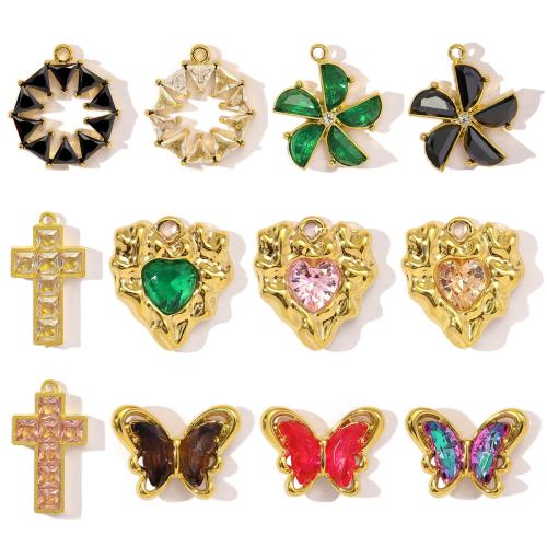 Pendentifs en acier inoxydable zircons cubiques, Acier inoxydable 304, avec verre, Placage de couleur d'or, DIY & styles différents pour le choix & pavé de micro zircon Vendu par sac