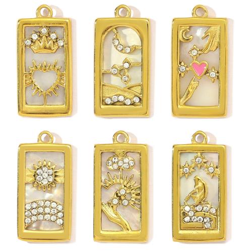 Pendentifs en acier inoxydable strass, Acier inoxydable 304, avec coquille blanche, rectangle, Placage de couleur d'or, DIY & styles différents pour le choix & avec strass Vendu par sac