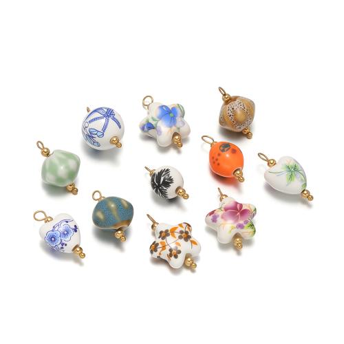 Porcelain Pendants, with 304 Stainless Steel, gold color plated, DIY 