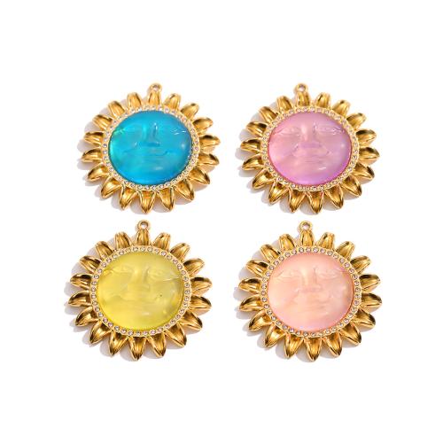 Pendentif en acier inoxydable résine, Acier inoxydable 304, avec résine, fleur, Placage de couleur d'or, DIY & avec strass, plus de couleurs à choisir Vendu par PC