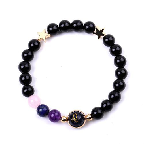 pierre noire bracelet, avec pierre gemme & alliage de zinc, 12 Signes du Zodiaque, fait à la main, unisexe & styles différents pour le choix Environ 7 pouce, Vendu par PC