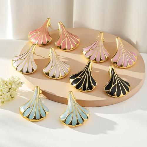 Acier inoxydable 304 boucle d oreille dormeuse, éventail, Placage de couleur d'or, pour femme & émail, plus de couleurs à choisir Vendu par paire