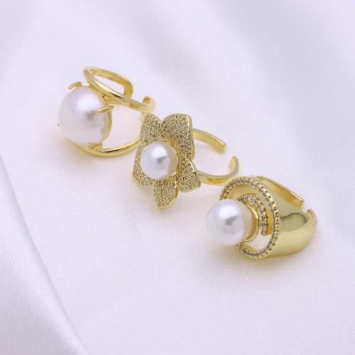 Befestigter Zirkonia Messingring Fingerring, Messing, mit Kunststoff Perlen, goldfarben plattiert, einstellbar & verschiedene Stile für Wahl & Micro pave Zirkonia & für Frau, keine, verkauft von PC