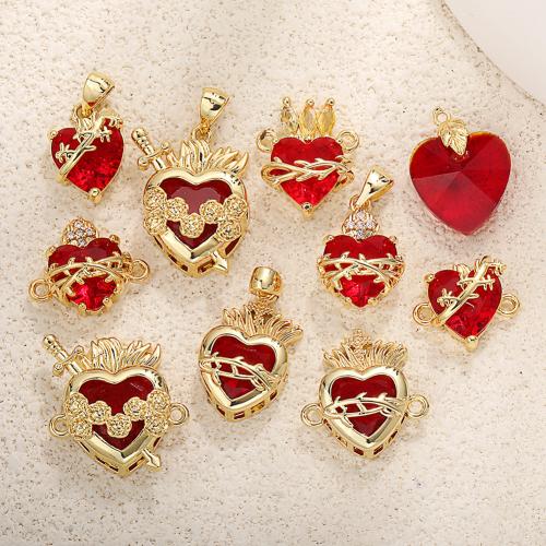 Cubic Zirconia Brass Pendants, Heart, real gold plated, DIY & with cubic zirconia 