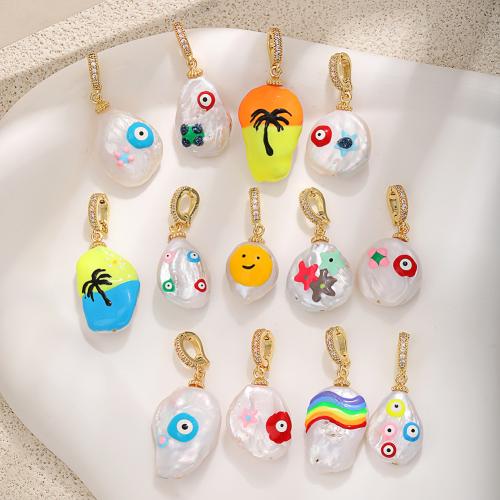 Cultured Freshwater Pearl Brass Pendant, with Brass, plated, DIY & micro pave cubic zirconia & enamel 