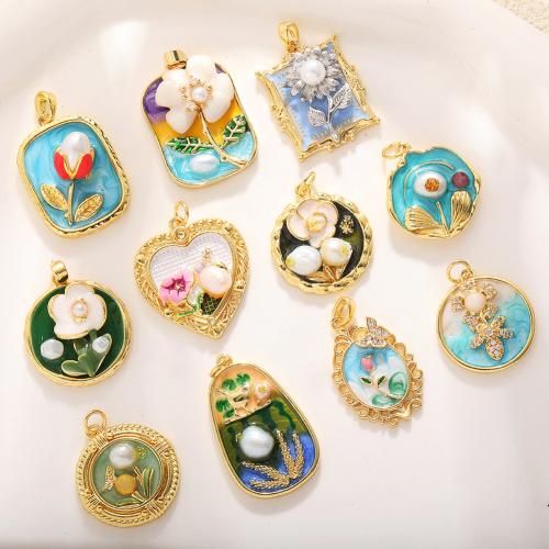 Emaille Messing Anhänger, mit Kunststoff Perlen, vergoldet, DIY & verschiedene Stile für Wahl & mit Blumenmuster & mit Strass, verkauft von PC