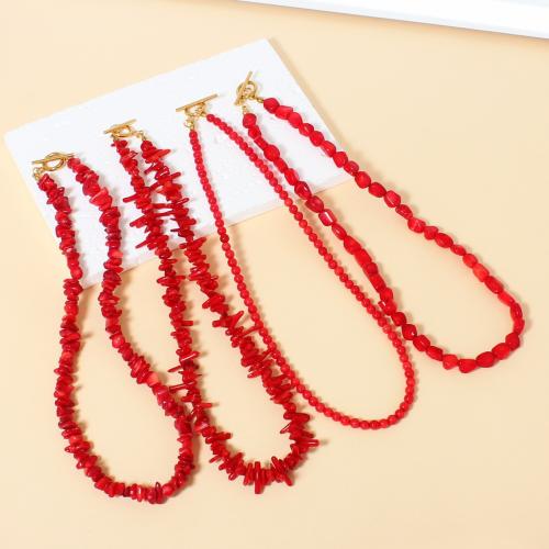 Synthetische Koralle Halskette, mit 304 Edelstahl, handgemacht, verschiedene Stile für Wahl & für Frau, rot, beads size 4-8mm, Länge:ca. 40 cm, verkauft von PC