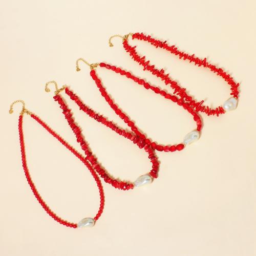 Synthetische Koralle Halskette, mit Kunststoff Perlen & 304 Edelstahl, handgemacht, verschiedene Stile für Wahl & für Frau, beads size 4-8mm, Länge:ca. 40 cm, verkauft von PC
